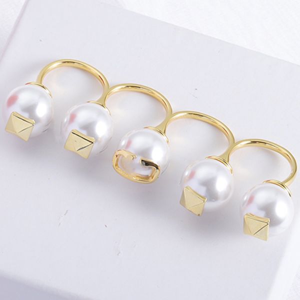

double pearls open ring set women classic 18k gold-plated simple pearl ring luxury fancy classy personalized accessories, Silver