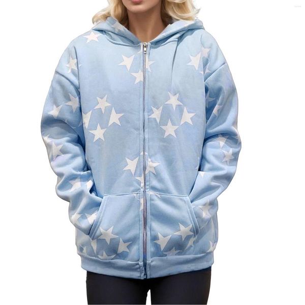 

hoodies women's women star print sweatshirts loose pockets long sleeves casual coats ladies american vintage hip hop hooded streetwear, Black