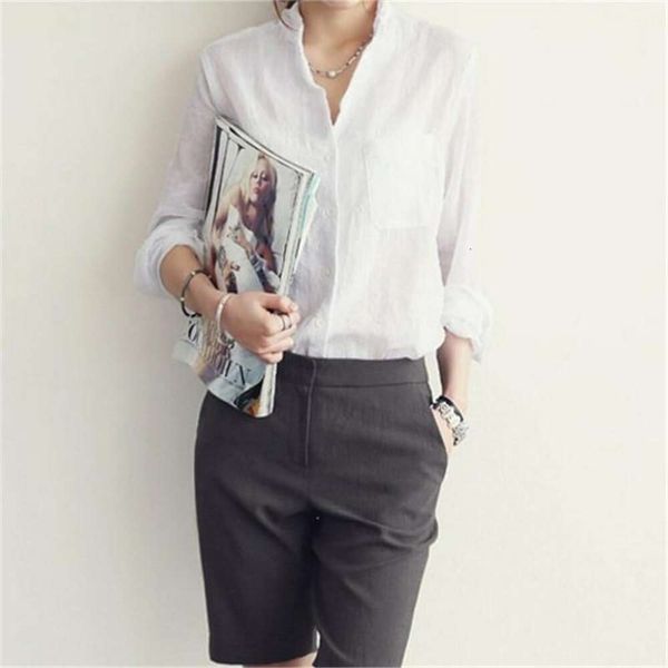 

korean preppy style shirt l loose womens flax long sleeve bottomless top, White