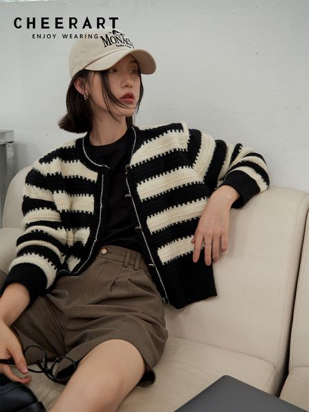 

women's knits tees cheerart striped sweater cropped cardigan knitwear long sleeve button up autumn winter clothe fashion 230810, White