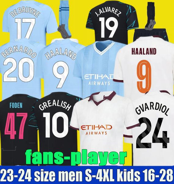 

haaland soccer jersey 23 24 de bruyne mans cities grealish foden 2023 football shirt uniforms men kids kit alvarez fans player final gvardio, Black;yellow