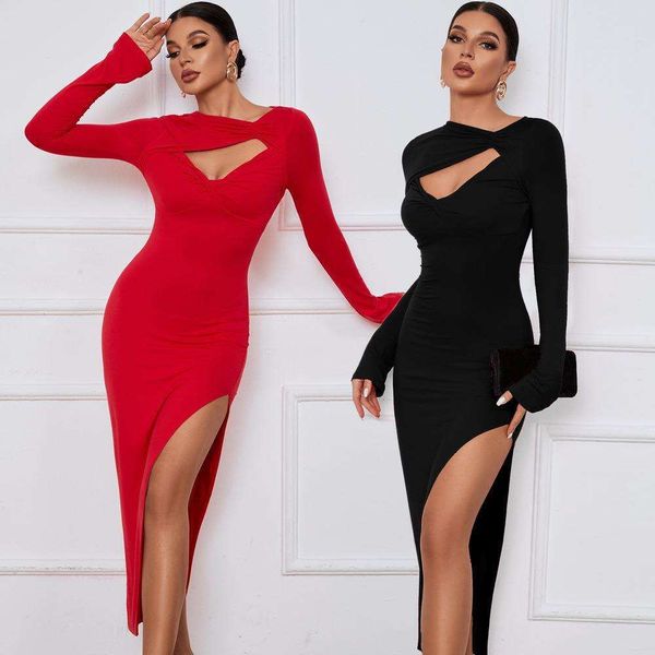 

womens long dress slim fit butt tight split sleeve, Black;gray