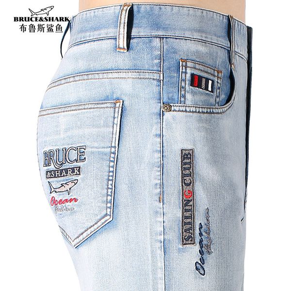 

mens jeans bruce shark summer stretching cotton straight casual fashion denim mens pants big size 8517 230809, Blue