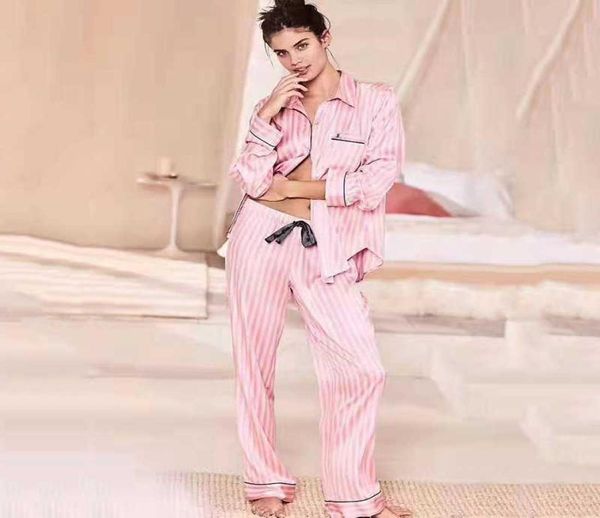 

fashion stylish summer pajama set women long sleeve striped sleepwear pyjamas spring satin silk lounge wear pj pjamas homewear 2119243156, Black;red