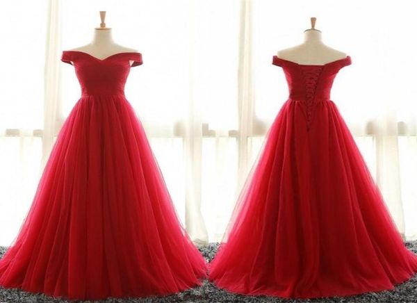 

off shoulder red evening dresses 2020 tulle party gowns sweep train pleated plus size corset formal prom dress5094638, Black;red
