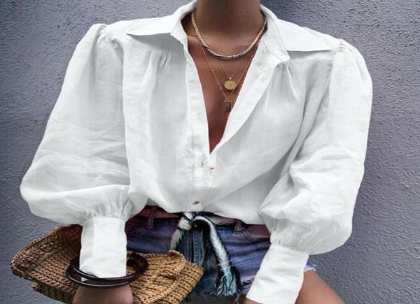 

women chiffon blouse lantern long sleeve turn down collar lady office shirt tunic casual loose plus size blusas women08184691, White