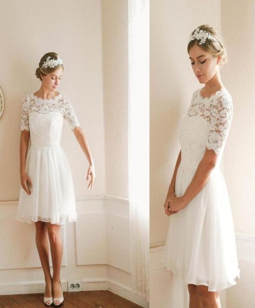 

lace jewel short knee length bridesmaid dresses vintage cocktail gowns short sleeve aline lace and chiffon8363149, White;pink