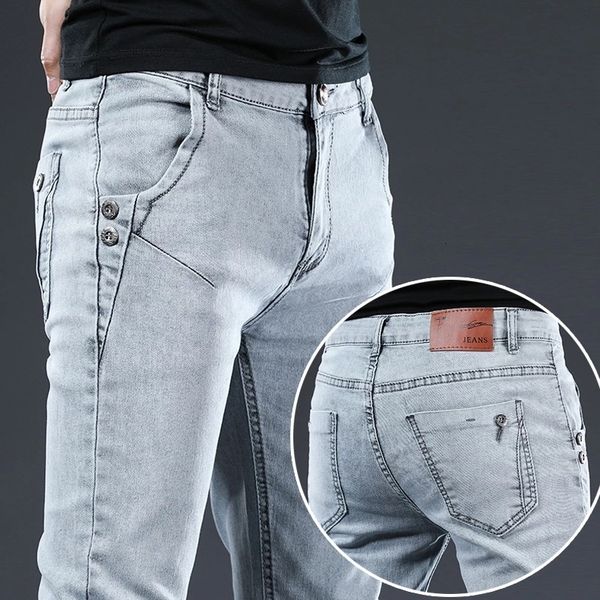 

mens jeans brand men slim fit skinny denim designer elastic straight stretch trousers for 230810, Blue