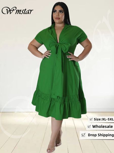 

plus size dresses wmstar size for women summer bandage bow tie solid v neck ruffles hem elegant maxi dress wholesale drop 230809, Black