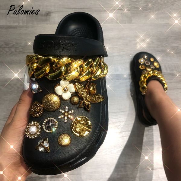 

slippers summer women slippers shoes with charms jewelry garden shoes wedges platform sandals antiskid female clogs flip flops for woman 230, Black