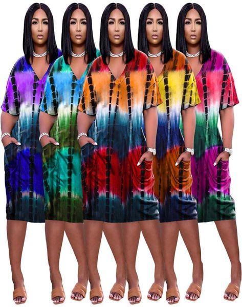 

plus size 3xl women tie dye dresses v neck short sleeve maidi skirts summer clothing fashion five colors female casual loose dress2489528, Black;gray