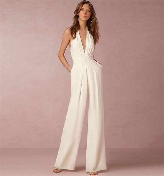 

dower me halter neck white jumpsuits pockets backless long elegant rompers wedding party women039s black autumn playsuits 6507091, Black;white