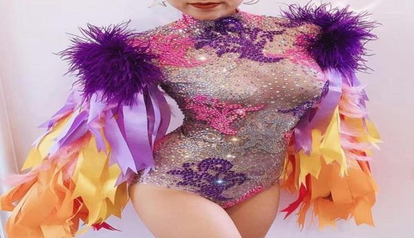 

stage wear fashion ribbon strip feather sleeve rhines bodysuit women nightclub bar party outfit performance dance costumestage1050707, Black;red