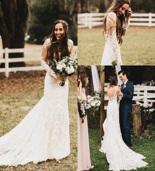 

new vintage garden country lace wedding dresses mermaid sheer long sleeves open back beach bridal gowns aline longsleeve wedding9218343, White