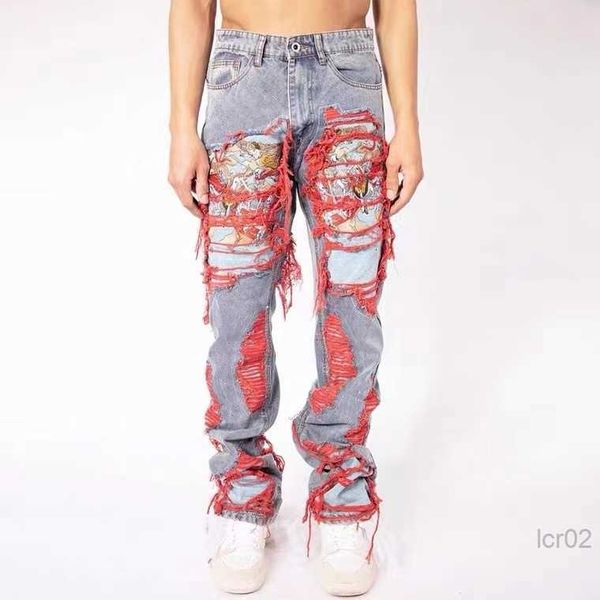 

men's jeans high street hip hop destroy brushed embroidered baggy casual straight leg denim pants man women 230309, Blue