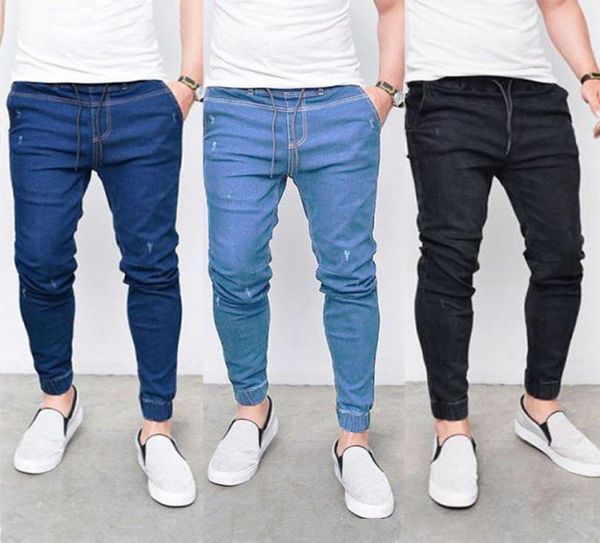 

men039s jeans 3 colors mens fashion elastic waist tight denim pants ripped distressed slim pencil6011006, Blue