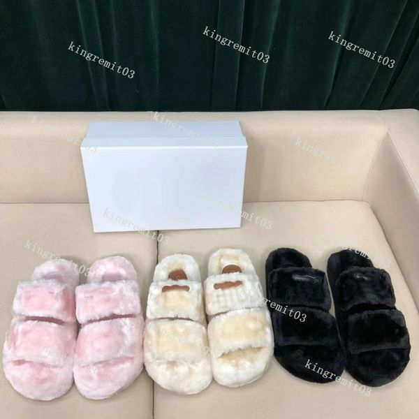 

designer wool slipper fur slides triomphe slipper men womens warm sandal classic warm flats winter fluffy furry scuffs indoor flip flop, Black