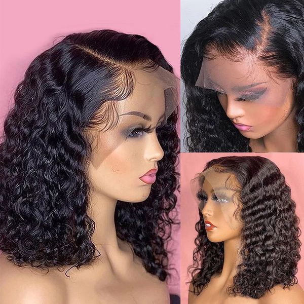 

Deep Curly Bob T Part Lace Wig Brazilian Human Hair with Baby Hair Short Bob Wig 4x4 Lace Closure Wigs for Women Deep Wave Wig, Black
