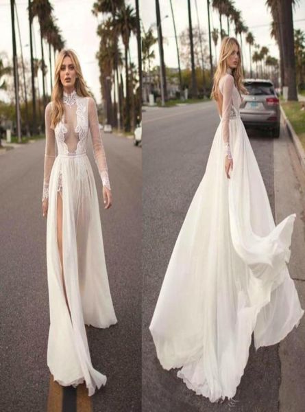

2019 vintage muse by berta bohemian wedding dresses a line lace applique side split high neck beach wedding gown plus size eh8672428, White