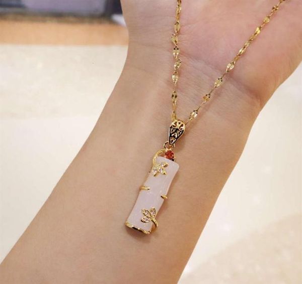 

real gold plated stainls steel necklace jewelry long bamboo shape pink natural jade pendant necklace for women girls255z26342784708, Silver