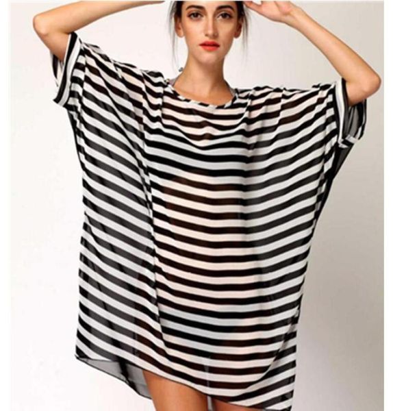

women loose bat shirt chiffon oneck 2021 black and white striped beach swimwear cover streetwear women039s blous9096792