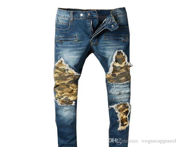 

mens biker jeans camouflage patchwork design hommes slim pencil pants denim long trousers streetwear ripped jeans males clothing3769380, Blue