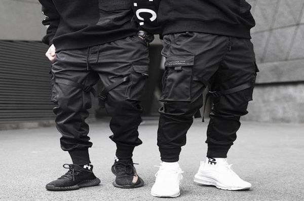

men ribbons color block black pocket cargo pants black harem joggers harajuku sweatpant hip hop trousers3464249