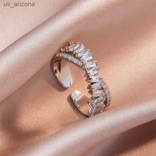 

luxury zircon shiny chic resizable double student opening rings for woman gothic finger jewelry wedding party l230620, Silver