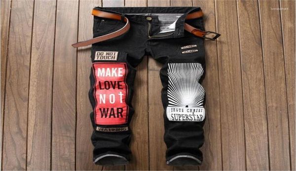 

men039s jeans sosoo personality badge patchwork men ripped black letter biker denim straight slim fit casual pants 1700715507576, Blue