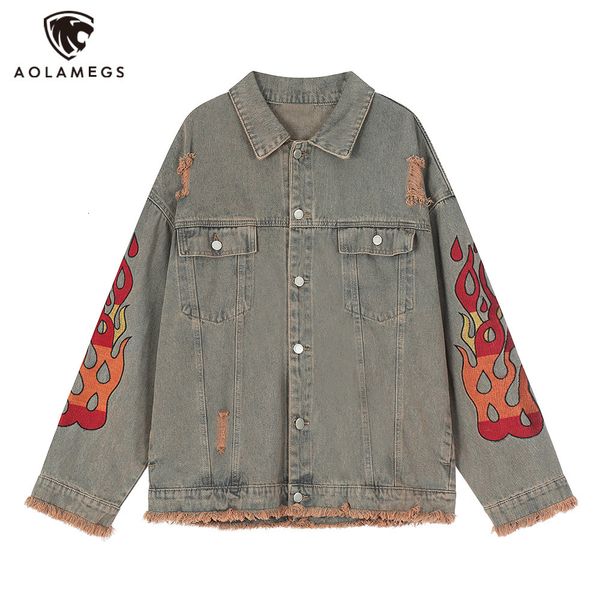 

mens jackets streetwear vintage denim jacket flame embroidery hip hop harajuku jeans retro worn out coat 230810, Black;brown