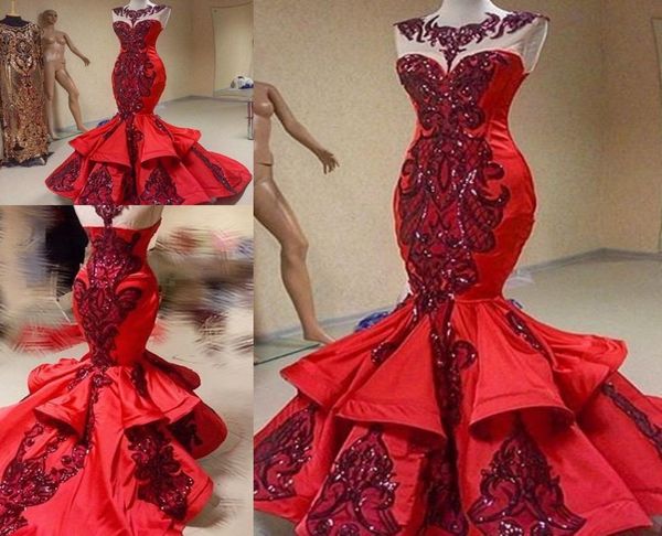

sparkly sequins applique lace mermaid evening formal dresses 2018 modest ruffles skirt fishtail yousef aljasmi red luxury prom dre2772945, Black;red