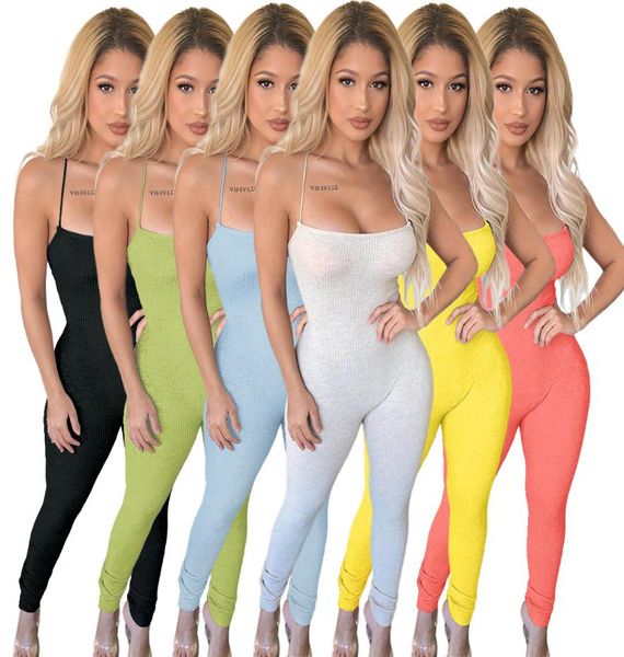 

women summer jumpsuit solid color threaded strap halter backless bandage vest skinny trousers rompers nightclub clothes bodys1707710, Black;white