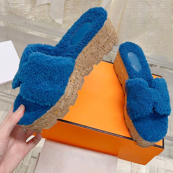 

23ss lamb wool womens platform wedge heels slippers slip on slides ladies flip flops mules purple girls sandals classic warm soft casual sho, Black
