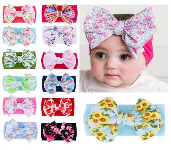 

baby printed bow elastic headbands soft bohemian bow hair band girls cactus flamingo flower print headbands hha4988967104, Slivery;white