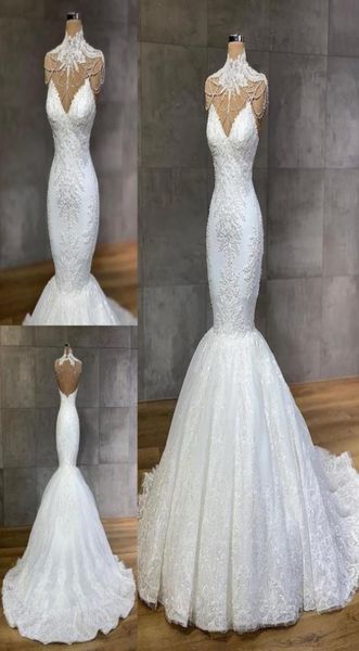 

graceful mermaid beaded lace wedding dresses spaghetti straps v neck bridal gowns sweep train tulle appliqued trumpet robe de mari7375799, White