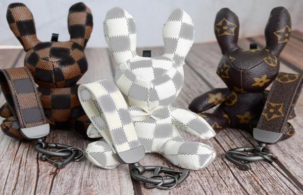 

highend designer cartoon rabbit car key rings bag pendant charm keychain jewelry grid flower printed holder women men fashion lea3795046, Slivery;golden