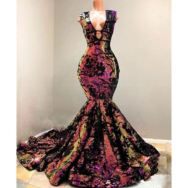 

sparkly sequin velvet mermaid african prom dresses 2024 vestidos de gala v-neck court train black girls evening party dress