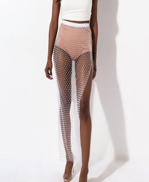 

shiny crystal rhines fishnet long women party split skirts mesh hollow out transparent night club skirt y2003263923757, Black