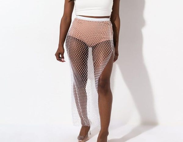 

shiny crystal rhines fishnet long women party split skirts mesh hollow out transparent night club skirt y2003269373812, Black
