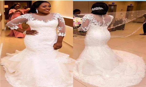 

plus size mermaid lace wedding dresses 2019 new 34 long sleeves african wedding gowns courtl train ruffled tulle sheer bridal gow75239048, White