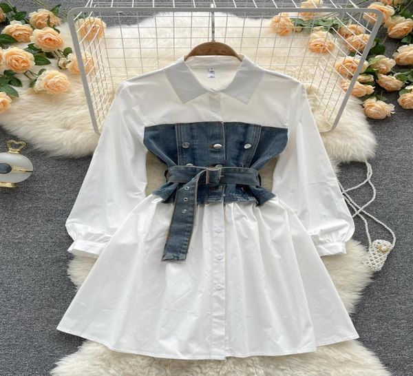 

casual dresses lin patchwork short dress spring autumn women fashion neck denim lady single breasted long sleeve dresscasual dress2606097, Black;gray