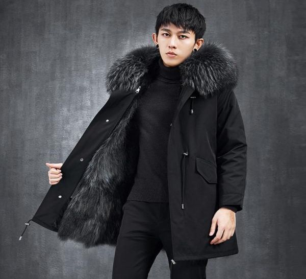 

mens winter coat real fur jackets hooded fox fur collar shearling coats thickening warm overcoat m3xl male winter clothes parkas4534192, Black