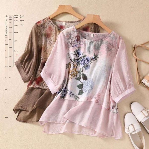 

art vintage patchwork light silk t shirt for women, White