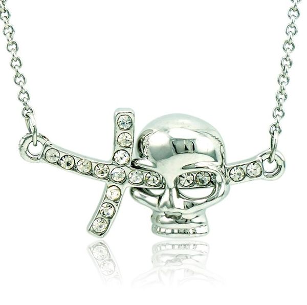 

brand new pendant necklace fashion white rhinestone skull cross charms silver plated necklace for men jewelry5473279