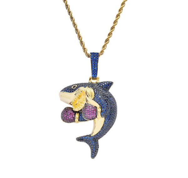 

men cz jewelry cartoon dolphin boxing pendant iced out cubic zircon necklace hip hop gift jewelry3785484, Silver