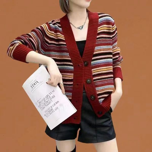 

women's knits tees autumn and winter sweater's fashion single breasted casual knitwear vneck long sleeve loose colored striped swe, White
