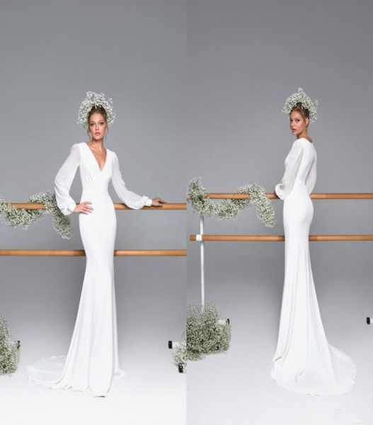 

2022 vintage wedding reception dresses gown deep v neck satin with long sleeves ruched sheath vestidos de novia bridal gowns9742061, White