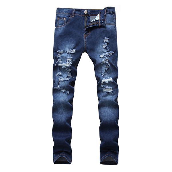 

multi-ripped jeans men's foreign trade wear stretch dark slim denim pants fashion brand red cycling motorcycle embroidery close-fitting, Blue