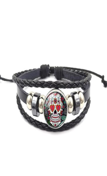 

new sugar skull snap button charm bracelet 18mm glass cabochon ginger snap multilayer braided rope bangle for women men s fashion 1627772, Golden;silver