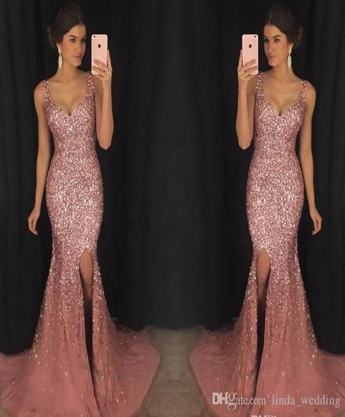 

2019 new mermaid evening dress side split beads rhinestone crystals pageant formal holiday wear prom party gown custom made plus s4776525, Black;red